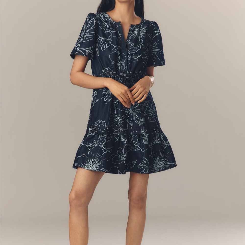 Anthropologie Navy Floral Mini Denim Dress (Somerset) NEW with tags
